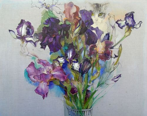 Neonilla Medvedeva - Flowers & Cat - 2009 - oil on canvas - 50 x 54 - sold